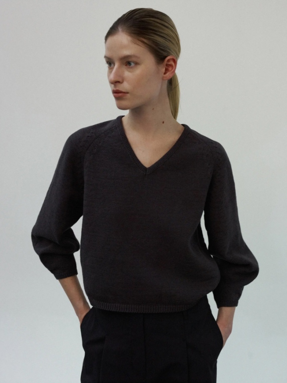 Nothing Written Pony V-Neck Knit in Charcoal Brown SM NWOT